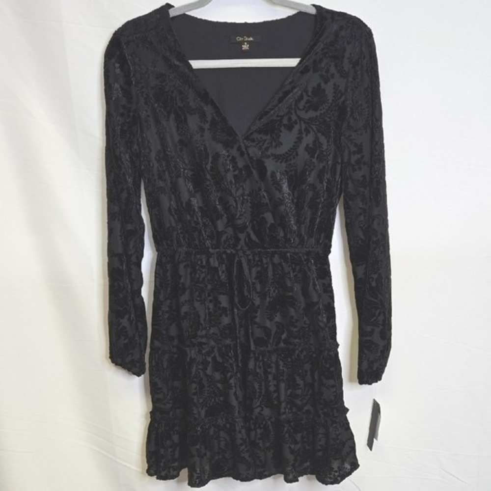 City Studio Velvet Tiered Wrap Style Dress Whimsigoth Romantic Black Small, NEW